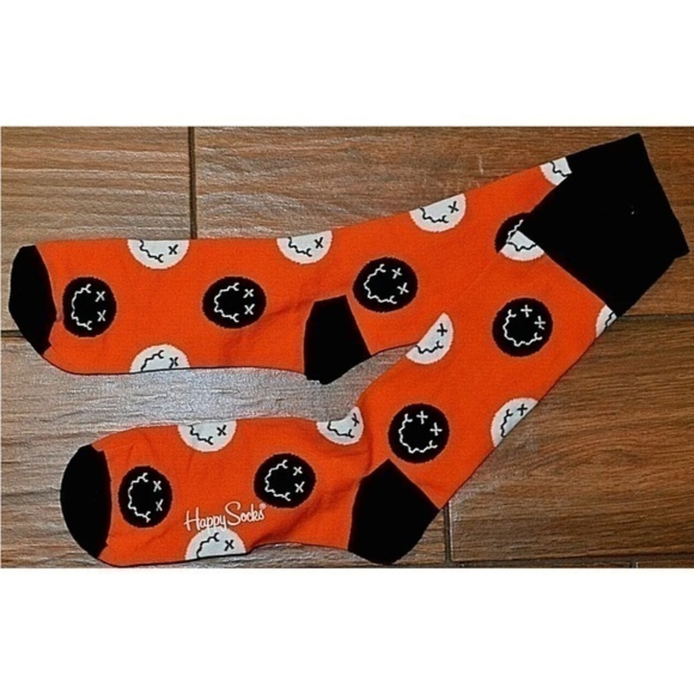 Happy Socks Orange With Black & White Smileys Socks Size Men 10-13 Women's 9-11